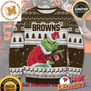 The Grinch x Cleveland Browns NFL Santa Hat Ugly Christmas Sweater For Holiday 2023 Xmas Gifts