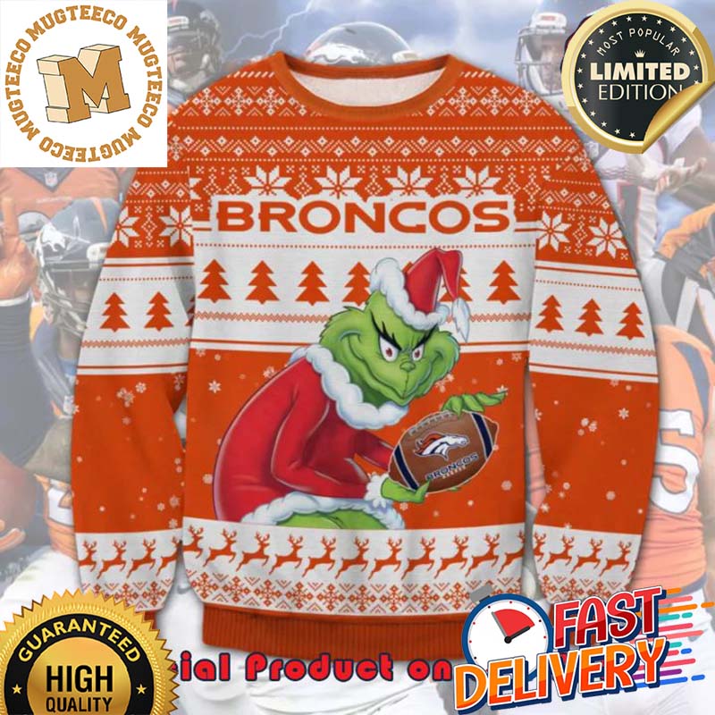 The Grinch x Denver Broncos NFL Santa Hat Ugly Christmas Sweater For