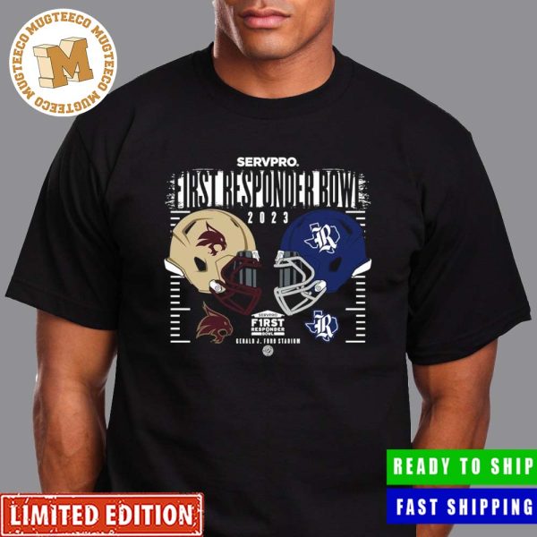 College Football Bowl Games 2023 First Responder Bowl Texas State Bobcats vs Rice Owls Helmet Head To Head Unisex T-Shirt