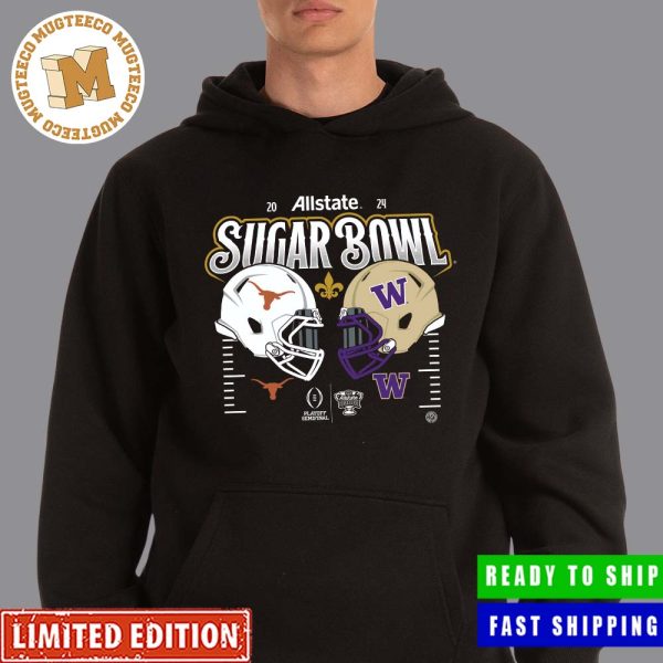 College Football Playoff Semifinal 2024 Allstate Sugar Bowl Helmet Matchup Head To Head Washington Huskies And Texas Longhorns Official Unisex Hoodie