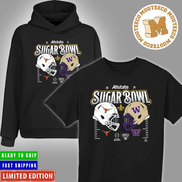 College Football Playoff Semifinal 2024 Allstate Sugar Bowl Helmet Matchup Head To Head Washington Huskies And Texas Longhorns Official Unisex Hoodie