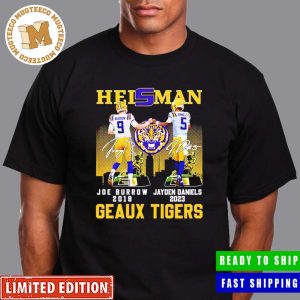 Joe Burrow and Jayden Daniels Heisman Geaux Tigers Signatures Skyline Classic T-Shirt