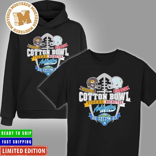 Missouri Tigers and Ohio State Buckeyes 2023 Cotton Bowl Dueling Helmets Unisex T-Shirt Hoodie