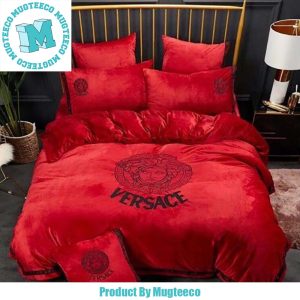 Best Versace Black Logo In Red Background Bedding Set
