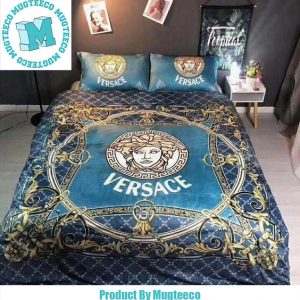 Best Versace Golden Logo Royal Pattern In Blue Background Bedding Set