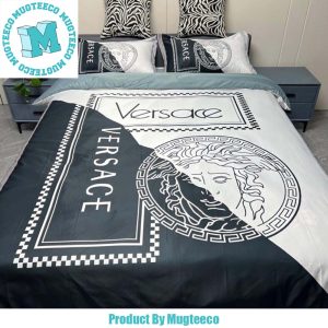 Versace Big Logo And Double Word Greca Border Pattern In White and Black Background Bedding Set Queen