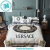 Versace Big Logo And Double Word Greca Border Pattern In White and Black Background Bedding Set Queen