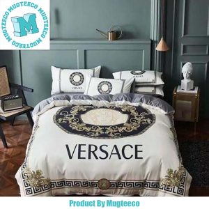 Versace Big Logo Greca Border And Barocco Print Pattern In White Background Bedding Set Queen