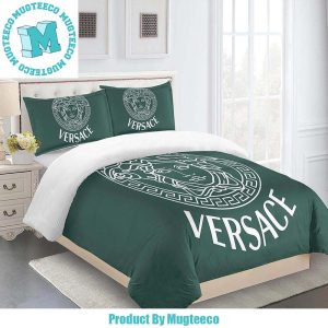 Versace Big Logo White In Deep Green Background Bedding Set King Size