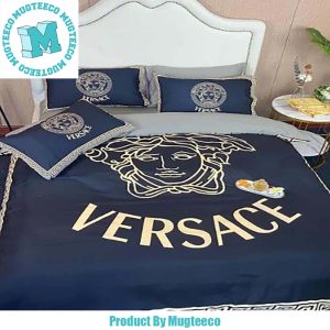 Versace Big Yellow Logo Greca Border Pattern In Blue Background Bedding Set Queen