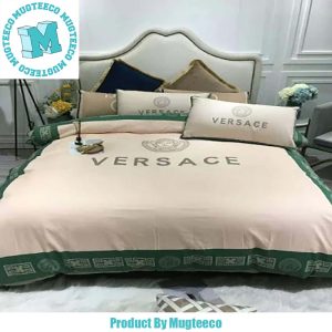 Versace Black Logo Greca Border Pattern In Milk-White and Green Background Bedding Set Queen