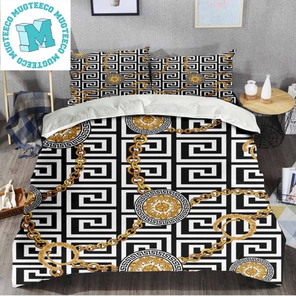 Versace Circular Pattern Connect By Gold Chain And Greca Border BackgroundBedding Set King Size