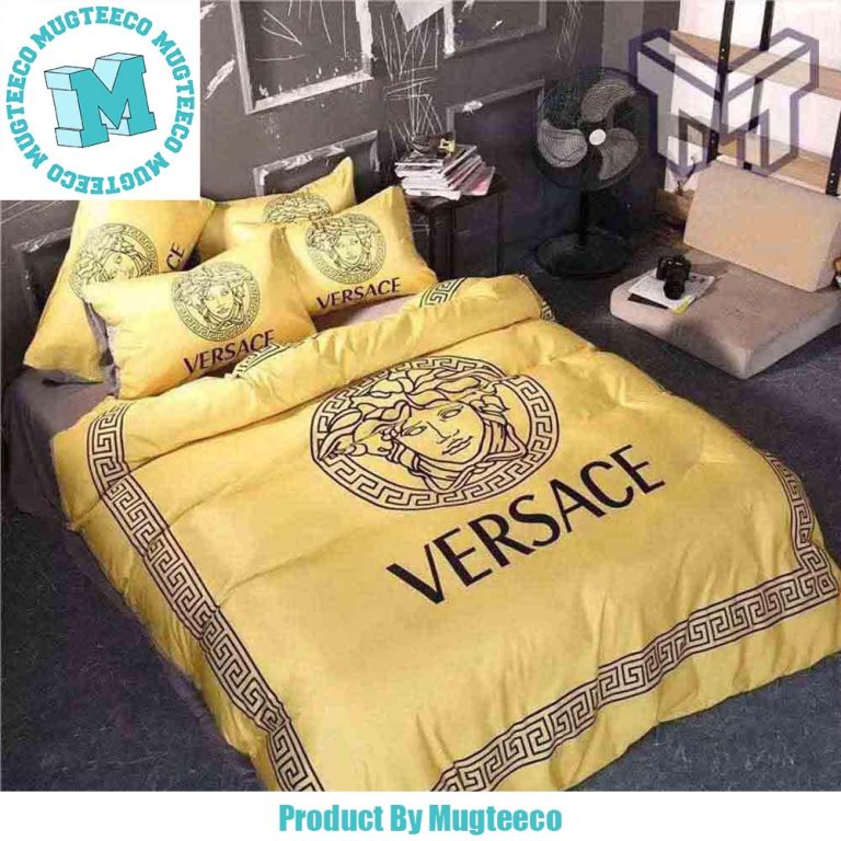 Versace Yellow Logo Greca Boder In Blue Most Comfortable Bedding Set Mugteeco