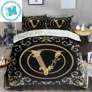 Versace Golden Logo Royal Special Pattern In Golden Most Comfortable Bedding Set