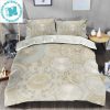 Versace Logo In The Middle Golden And Barocco Print Around In Blue Background Bedding Set Queen