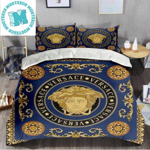 Versace Logo In The Middle Golden And Barocco Print Around In Blue Background Bedding Set Queen