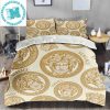 Versace Logo In The Middle Golden And Barocco Print Around In Blue Background Bedding Set Queen