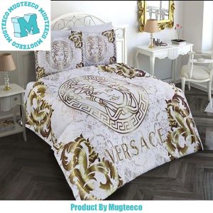 Versace Medusa Head Big Logo And Barocco Print Golden Pattern In White Bedding Set King Size