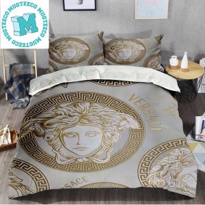 Versace Medusa Head Logo Golden Royal In Milk White Background Bedding Set Queen