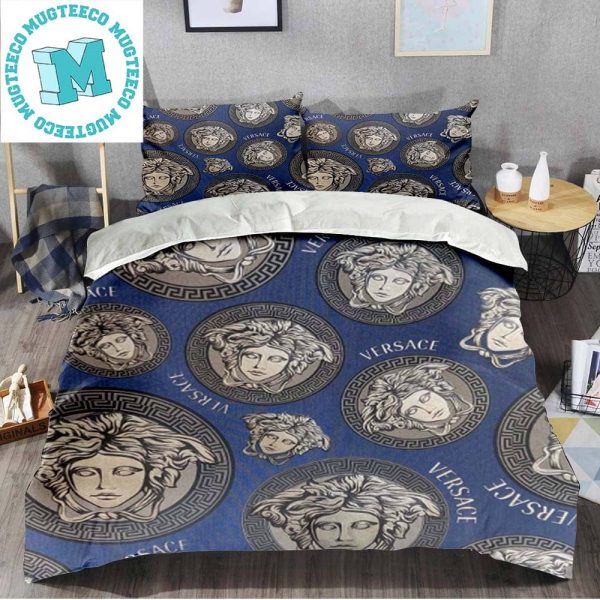 Versace Medusa Head Logo White And Circle Greca Border Bedding Set King Size