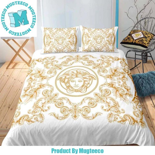 Versace Pattern Full Golden In White Background Most Comfortable Bedding Set