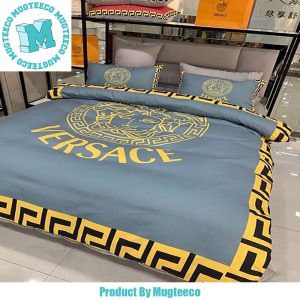 Versace Yellow Logo Greca Boder In Blue Most Comfortable Bedding Set
