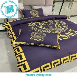 Versace Yellow Logo Greca Border Big Pattern In Purple Background Bedding Set Queen
