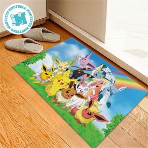 Pokemon Team Eevee And Pikachu Elvolve With Rainbow Background For Home Decor Doormat