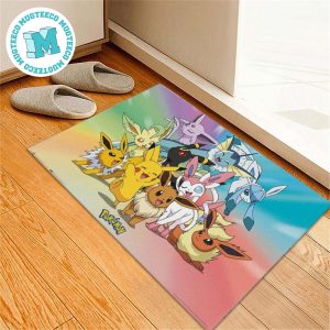 Pokemon Team Pikachu And Eevee Elvolve With Radiant Colorful Background For Home Decor Doormat