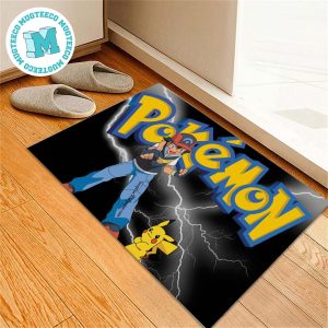 Satoshi And Pikachu Thunder Background With Big Logo Pokemon For House Decor Doormat