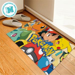 Satoshi Pikachu Charmander And Bulbasaur With Pokeball In Logo Pokemon For House Decor Doormat