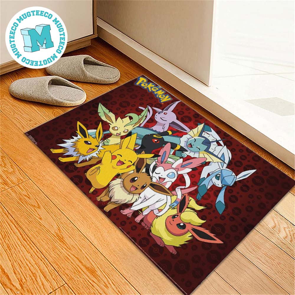 Team Pokemon Eevee With Pikachu Elvolve In Red And Pokeball Background Gift For Fan Pokemon Doormat