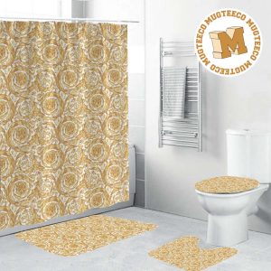 Versace Beige Baroque Pattern In White Base Background Bathroom Accessories Set