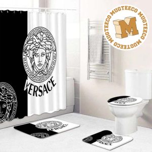 Versace Big Basic Black And White Logo Bathroom Shower Curtain Set