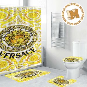 Versace Big Basic Black Medusa With Yellow Baroque Pattern In White Background Bathroom Shower Curtain Set