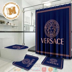 Versace Big Basic Pink Logo In Blue Background With Greca Border Bathroom Shower Curtain Set