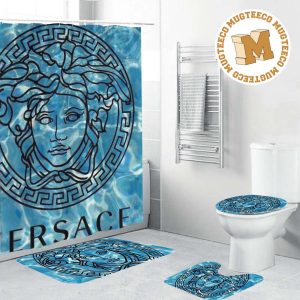 Versace Big Black Signature In Marble Blue Theme Bathroom Shower Curtain Set