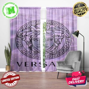 Versace Big Black Signature Logo Medusa Head In Glitter Purple Water Surface Background Window Curtain