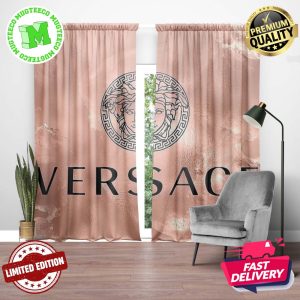 Versace Big Black Signature Logo Medusa In Pink Slivering Background Window Curtain