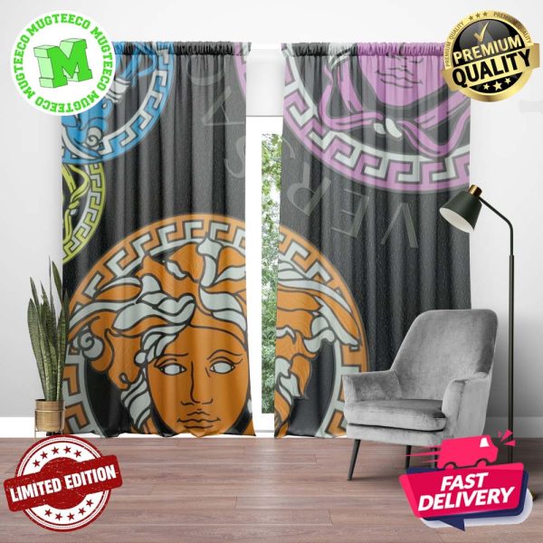 Versace Big Colorful Signature Logo Orange Blue Purple Yellow In Dark Background  Window Curtain