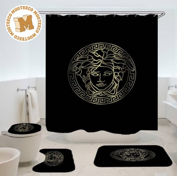 Versace Big Golden Gradient Medusa In Black Background Bathroom Shower Curtain Set