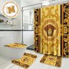 Versace Big Golden Logo And Baroque Pattern In Blue Background Bathroom Accessories Set