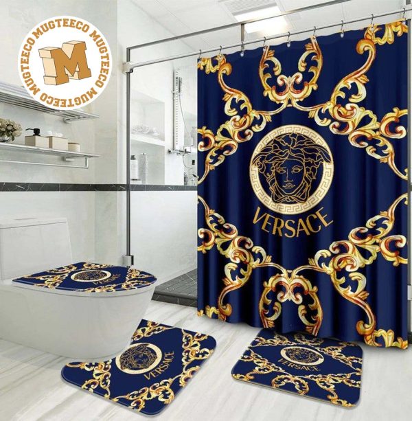 Versace Big Golden Logo And Baroque Pattern In Blue Background Bathroom Accessories Set