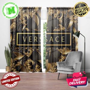 Versace Big Golden Logo With Golden Baroque Patter In Dark Theme Window Curtain