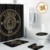 Versace Big Golden Logo And Baroque Pattern In Blue Background Bathroom Accessories Set