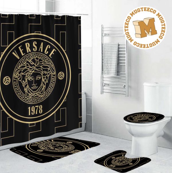 Versace Big Golden Logo With Greca Pattern In Dark Theme Background Bathroom Accessories Set