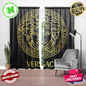 Versace Big Golden Signature Logo In Black Marble Background Window Curtain