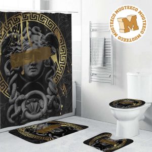 Versace Big Grey Signature With Golden Greca Border In Dark Theme Background Bathroom Accessories Set