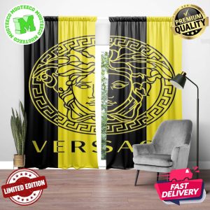 Versace Big Royal Black Logo In Black And Yellow Stripes Background Window Curtain