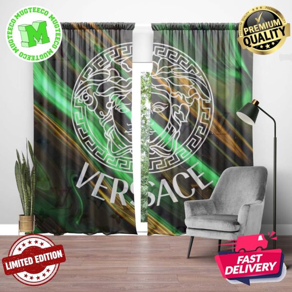 Versace Big White Signature Logo In Emerald Green Groovy Waves Background Window Curtain